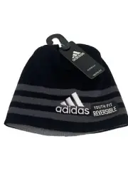 Adidas Eclipse Youth Boys Reversible Logo Beanie Hat Black Gray Stripes $18 MSRP