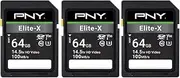 PNY 64GB Elite-X Class 10 U3 V30 SDXC Flash Memory Card - 100MB/s, Class 10, U3, V30, 4K UHD, Full HD, UHS-I, Full Size (Pack of 3)
