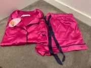 BNWT Peter Alexander Hot Pink Blue Trims Satin Summer Set - SIZE XL