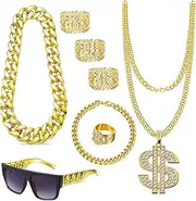 [jpfyllik] 80s 90s Accessories Outfit for Men Hip Hop Costume Kit Old School Rapper Sunglasses Faux Gold Rope Chain Bracelet Dollar Sign Chain Ring Kanji Ring Halloween Party Decorations