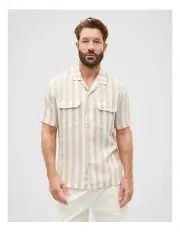 [Seed Heritage] Linen Utility Shirt in Hazelnut Stripe