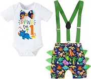 [Viworld] Baby Boys 1st Birthday Cake Smash Outfit Short Sleeve Bodysuit Bloomers Adjustable Y Back Suspenders Clothes Set