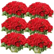 50 Pcs Artificial Rose Flower Realistic Silk Roses with Stem Bouquet of Red