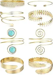 [Kakonia] 8 Pcs Arm Cuff Upper Arm Band Cuff Bracelets for Women Minimalist Simple Coil Bangle Gold Silver Adjustable Open Armlet Armband Costume Jewelry Set
