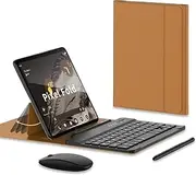 Jarttarn Compatible with Google Pixel Fold Keyboard with Bluetooth Mouse and Capacitive Pen Bluetooth Keyboard Wirelessly Connects with Leather Holster for Google Pixel Fold (Brown)