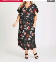 Plus Size Autograph Black / Red & White Floral Maxi Dress-Flutter Sleeve Size 24