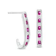 Ruby and 0.17 CT. T.W. Diamond Channel-Set Alternating J-Hoop Earrings in 14K White Gold