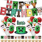 Myworld Game Birthday Party Supplies, Pixel Style Game Birthday Decorations, Include Banner, Balloons, Cake Toppers,Cupcake Toppers