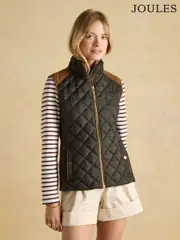 Joules Braemar Luxe Khaki Green Showerproof Diamond Quilted Gilet (153471) | $228