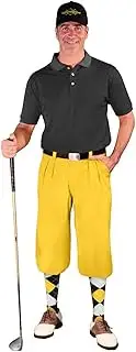 [Golf Knickers] Mens Outfit - Yellow Microfiber, Limited Edition Ball Cap, Over-The-Calf Argyle Socks, Black Golf Shirt