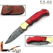 Orange Wood 6.5'' Damascus Steel Brass Bloster Folding Knife Back Lock LI-04