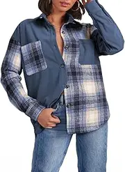 [ANN CREEK] Womens Color Block Corduroy Shacket Long Sleeve Plaid Button Up Shirt Blouse Top, Blue, Small
