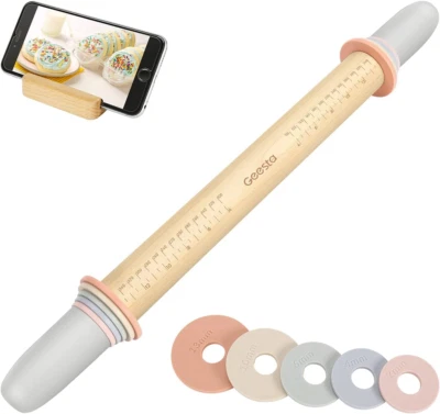 Adjustable Wood Rolling Pin with 5 Thickness Rings, Precise Dough Roller Handle