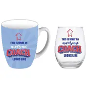 2pc Coach 400ml Coffee/Tea Mug & Stemless Wine Glass Drinking Tumbler Set Blue