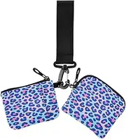 [miaozhen] Blue-pink Leopard Print Women's Coin Pouches Card Holder Small Portable Zipper Wristlet Wallet with Keychain for Travel 2 Pcs porta tarjetas de crédito, Blue-pink leopard print, Modern