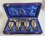 Set of 4 Silver Plated Egg Cups & Spoons in Velvet Case, Highlands, India (d305)