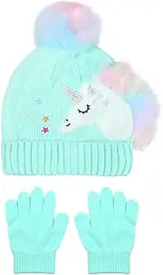 [Newfancy] Toddler Kids Girls Winter Knit Unicorn Beanie Hat and Gloves Set with Pom Pom Age 2-8 Yrs
