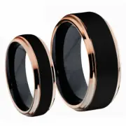 Men & Women's Titanium Rose Gold With Black Plated Wedding Band Ring set