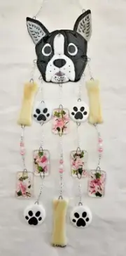Handcrafted Whimsical Fused Glass Boston Terrier Dog Windchime/New