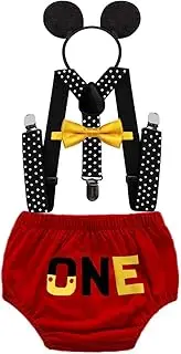 [IZKIZF] Baby Shower Costume 1st Birthday Cake Smash Photo Prop Outfits Bow Tie Suspender Bloomers Headband 4PCS Clothing Set