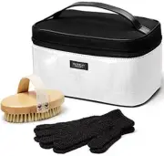 VICTORIAS SECRET BLACK WHITE BATH SHOWER KIT BRUSH GLOVES TRAIN TRAVEL CASE RARE