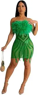 [RanRui] Sparkly Mini Dresses for Women Fashion Mao Mao Tube top Hip Skirt Fashion Dress, Army Green, Large