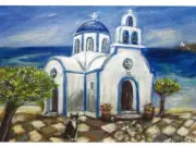 Postcard Angie Ketelhut "Tuxedo Cat & Church on Greek Island" Folk Art MINT