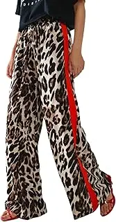 [Charfille] Women's Casual Pants Drawstring Leopard Print Color Block Side Striped Straight Leg Wide Leg Loose Pants