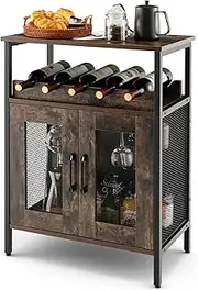 LOKO Wine Bar Cabinet, Industrial Liquor Cabinet with Detachable Wine Rack, Wine Cabinet with Glass Holder, Coffee Bar Cabinet with Metal Mesh Doors, Small Buffet Sideboard for Kitchen or Living Room