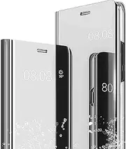 [YKNIUFLY] Cover for Samsung Galaxy M14 Case, Smart Mirror flip case Stand Function, Mirror Plating Full Body 360°Smart Cover Protection for Samsung Galaxy M14.(Silver)