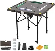 Hocomay Mahjong Poker Table, Folding Mah Jong Card Table with Chip Trays & 1 Set of Mahjongs, Height Adjustable Square Mahjong Tile Game Desk for Outdoor Camping Picnic Party