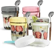 Aedlcal Overnight Oats Jar, Airtight Overnight Oats Containers with Lids and Spoons Meal Prep Jars with Measurement Marks Glass Mason Jars for Overnight Oatmeal Yogurt Fruit Salad (12 oz 4 Pack)