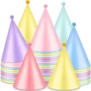 Silipull 60 Pcs Rainbow Party Hats with Pom Pom and Elastic Cord Pastel Themed Cone Birthday Hats Macaron Themed Party favous for Adults Birthday, Bridal Shower Decorations, 6 Color