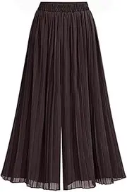 [Valtorixia] Women's Elastic Waist A-Line Pleated Chiffon Cropped Wide Leg Flowy Pants Culottes