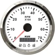 KUS 85mm Tachometer 0-7000RPM REV Counter Gauge Tacho Meter with Backlight with Hourmeter with 4 LED Alarm 12Volts for RV SUV Vessels (white+stainless steel)