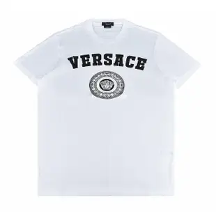 【VERSACE 凡賽斯】VERSACE 黑字燙印LOGO美杜莎印花純棉短袖T恤(男款/白)