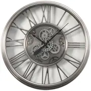 Iron Round Industrial Moving Cogs Wall Clock - Silver Wash