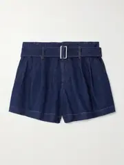 [FRAME] FRAME - The Paper Bag Belted Pleated Denim Shorts - Dark denim - 28 28 Blue