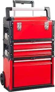 [BIG RED] Stackable Portable Metal Tool Box Organizer with Wheels and 2 Drawers, Rolling Upright Trolley Tool Chest for Garage or Workshop,Red,ATRJF-C305ABDR