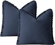Set of 2 Fall Cotton Throw Pillow Covers Decorative Square Pillow Covers Farmhouse Boho Cushion Covers with Fringe for Couch Living Room 45x45cm Navy Blue