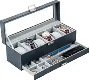6 Slot Watch Box with Drawer and Glass Lid for Men and Women - CrocCobaltBlue