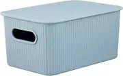 Superio 5L Small Stone Blue Ribbed Storage Bin with Lid, Plastic Storage Basket