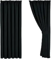 Aspire Homeware Blackout Curtains for Living Room Black Pencil Pleat Bedroom Curtains 90x90 Drop Pair of Thermal Insulated Super Soft Black Out Long Curtain with Tie Backs, 2 Panel