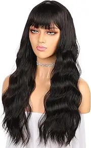 Long Wavy Synthetic Deep Brown Hair Wigs with Bangs for Women Girls Long Wavy Natural Dark Brown Synthetic Wig with Bangs Natural Body Wave Brown Hair Wigs for Women 22''