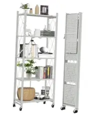 5-Shelf Folding Bookcase with Wheels, Rolling Bookshelf Heavy Duty Storage