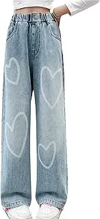 NABER Kids Girls' Casual Elastic Waist Denim Pants Heart Pattern Fashion Wide Leg Jeans Age 5-15 Years