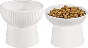 Qucey Ceramic Cat Food and Water Bowl Set, Raised Tilted Cat Feeder Dishes with Stand, Elevated Pet Food Bowl for Cats and Small Dogs, Anti Vomiting & Reduce Neck Burden