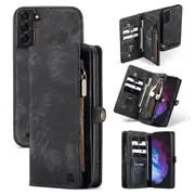 SupRShield For Samsung Galaxy S23 Zipper & Detachable Retro Leather Pouch Wallet Flip Purse Bag Detachable Phone Case Cover (Black)