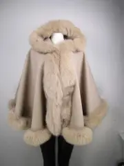 Women's New Oatmeal Beige Cashmere Wool Wrap Cape Hood Fox Fur CYBER MONDAY SAL