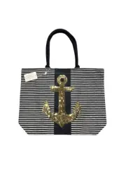 Mud Pie Ocean Dazzle Sequin Nautical 21" Blue Stripe Jute Beach Bag Tote NWT